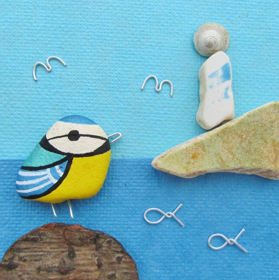 Framed Beach Pebble Art: Blue Tit & Lighthouse. Scottish Seaside Sea Pottery.