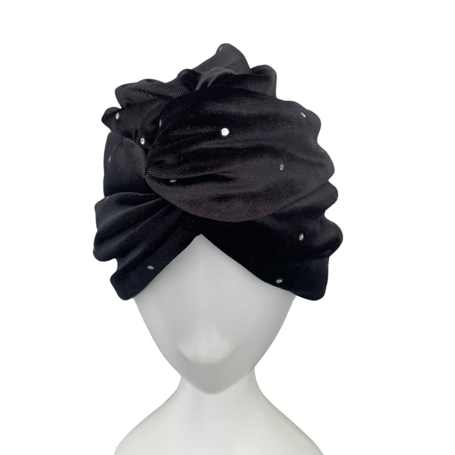 Silver Studded Black Velvet Turban Twist Head Wrap Comfy Luxury Velvet Winter