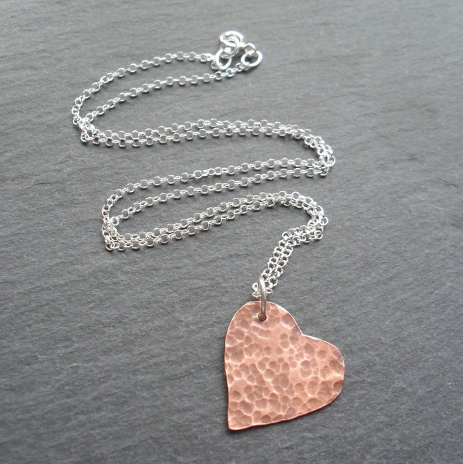 Copper Small Heart Pendant With Sterling Silver Chain Vintage