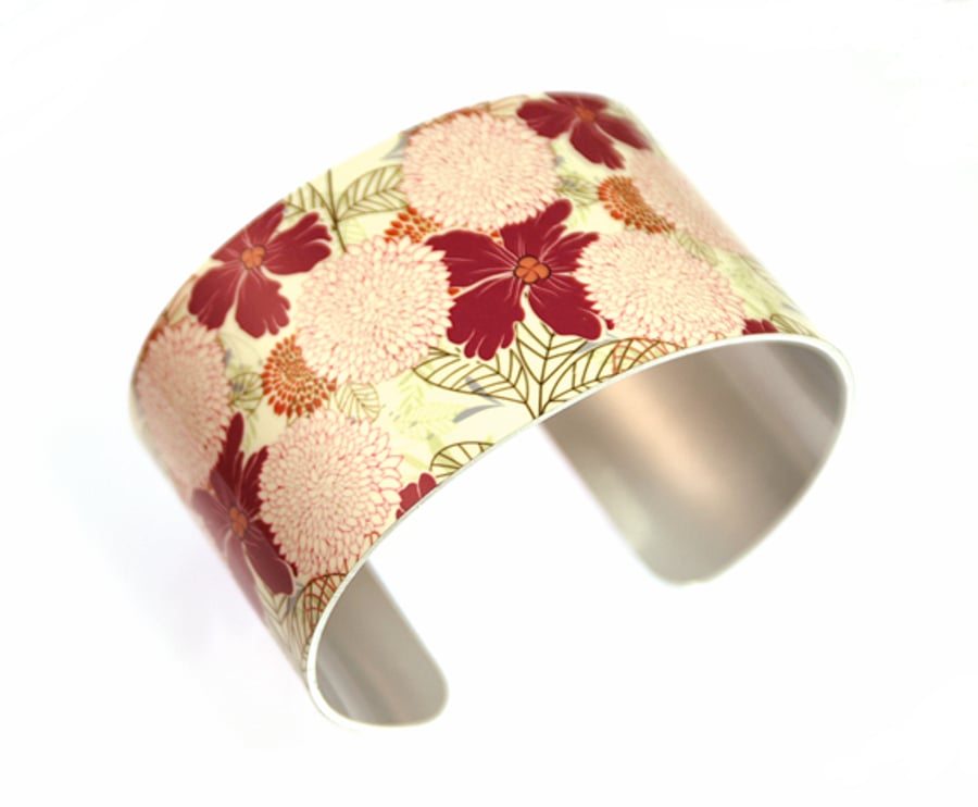 Cuff bracelet, women's jewellery, cream bangle with raspberry pink flowers - B65