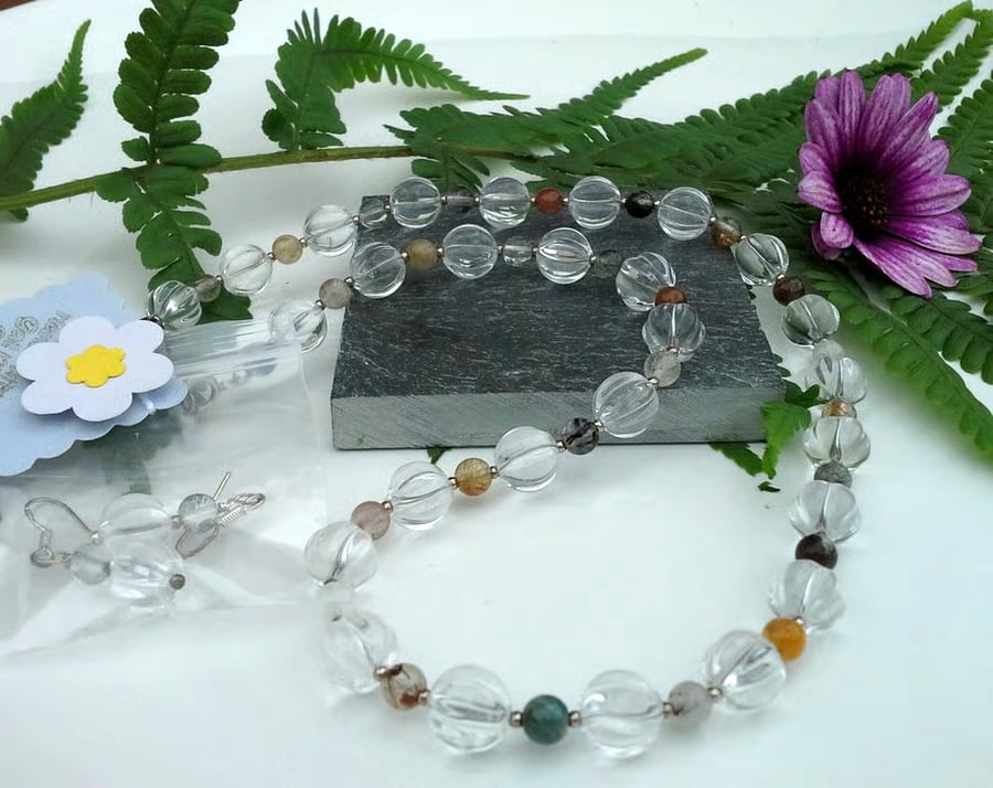 Faceted Diamond White & Multicoloured Quartz Necklace & Earrings Set 925 silver