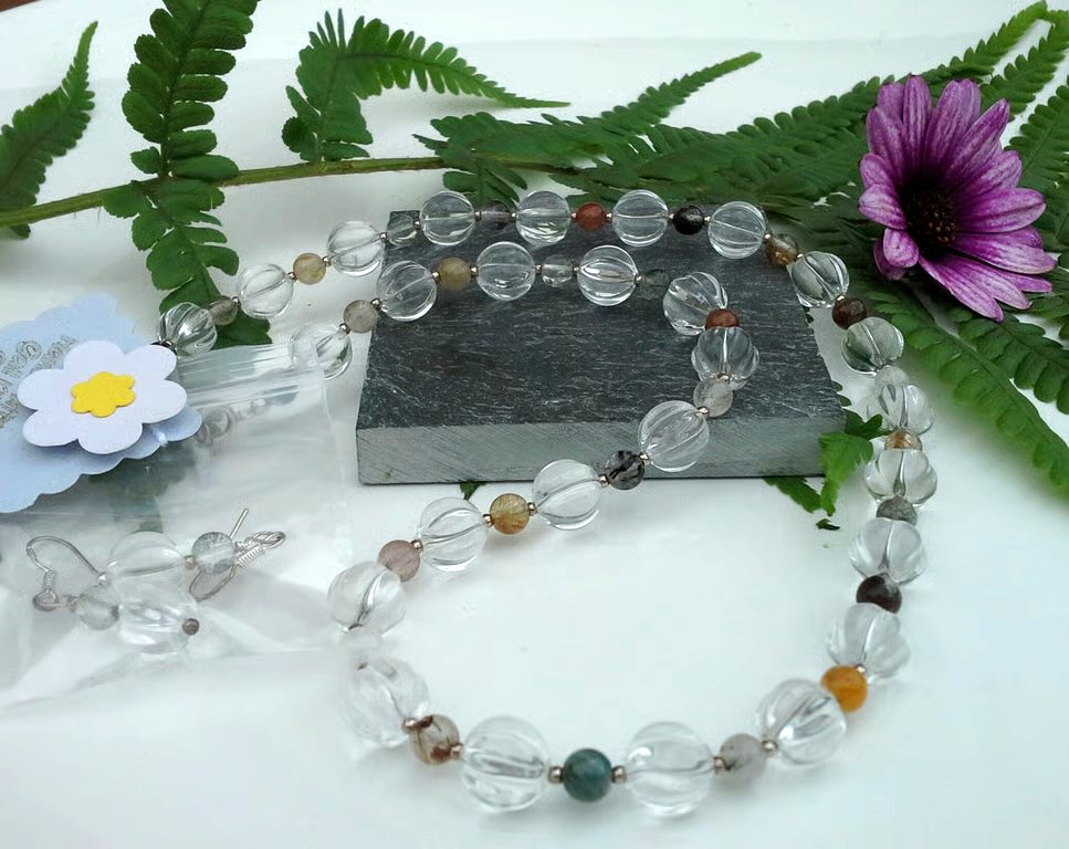 Faceted Diamond White & Multicoloured Quartz Necklace & Earrings Set 925 silver
