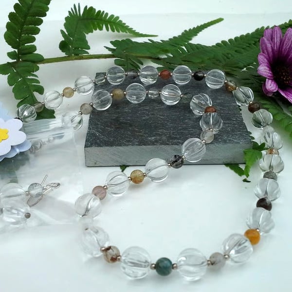 Faceted Diamond White & Multicoloured Quartz Necklace & Earrings Set 925 silver