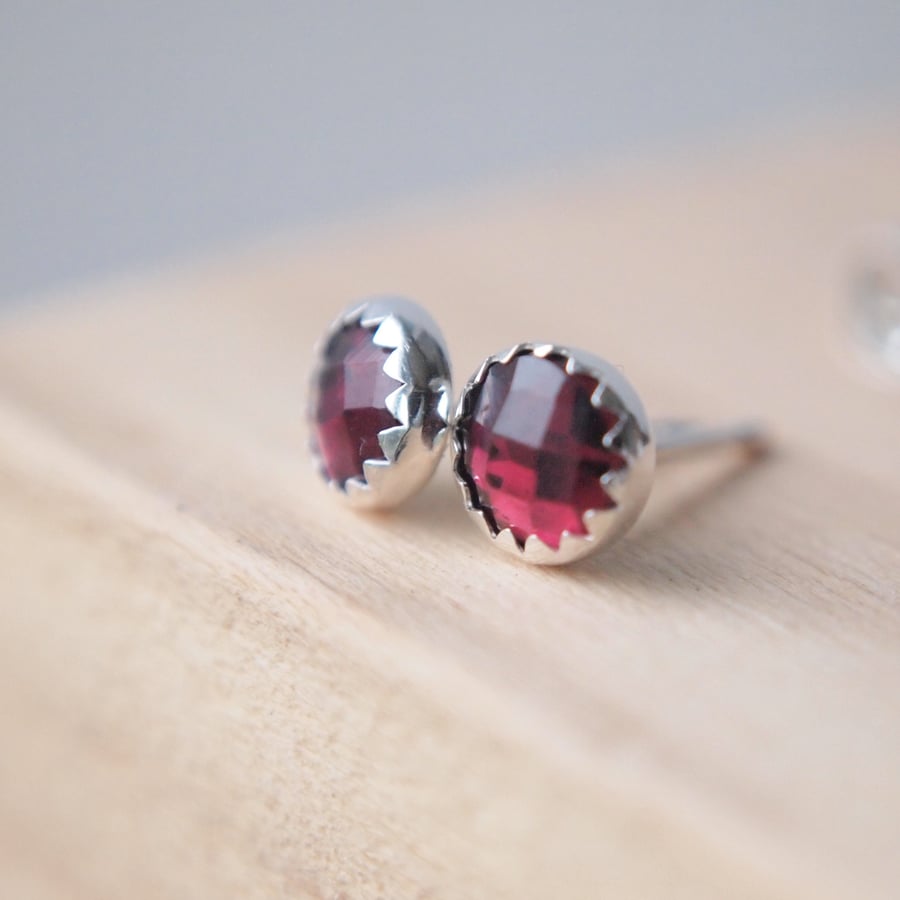 Facet Garnet and Sterling Silver Stud Earrings