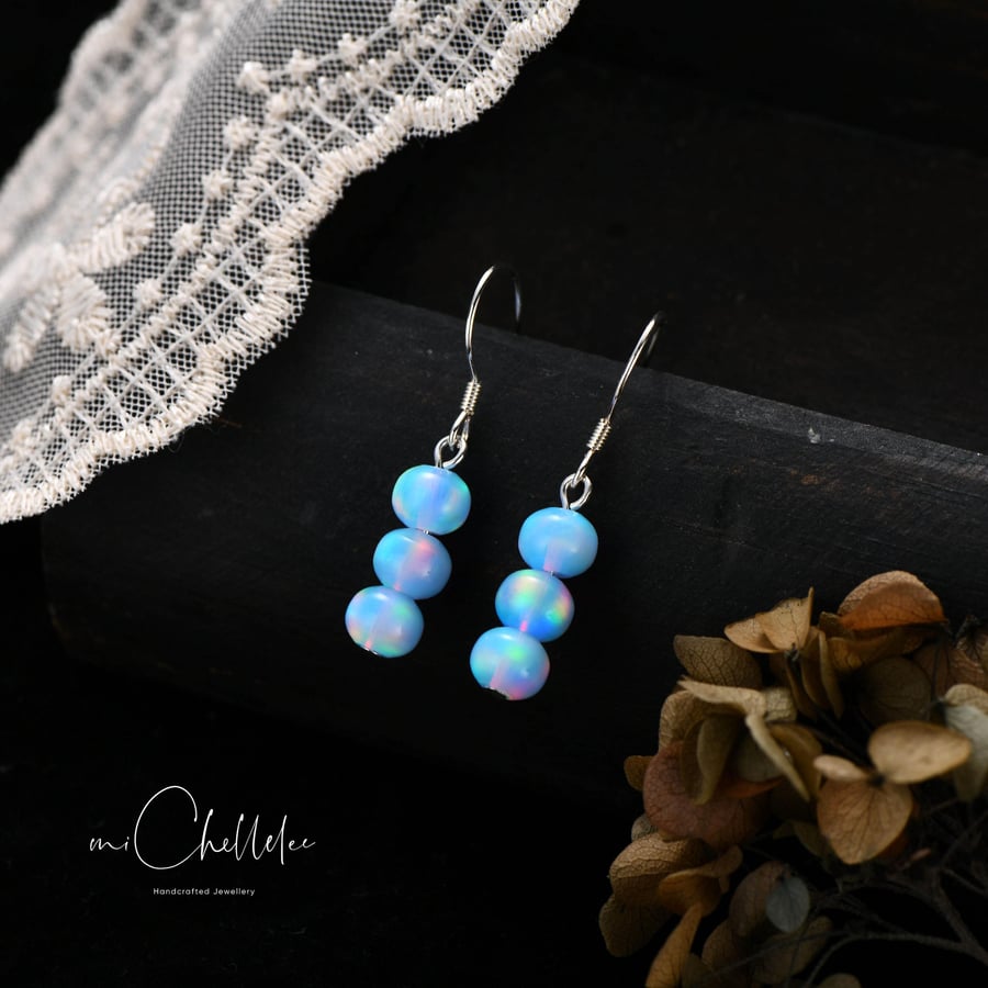 Blue Nebula Opal Bead Hook 925 Sterling Silver Earrings