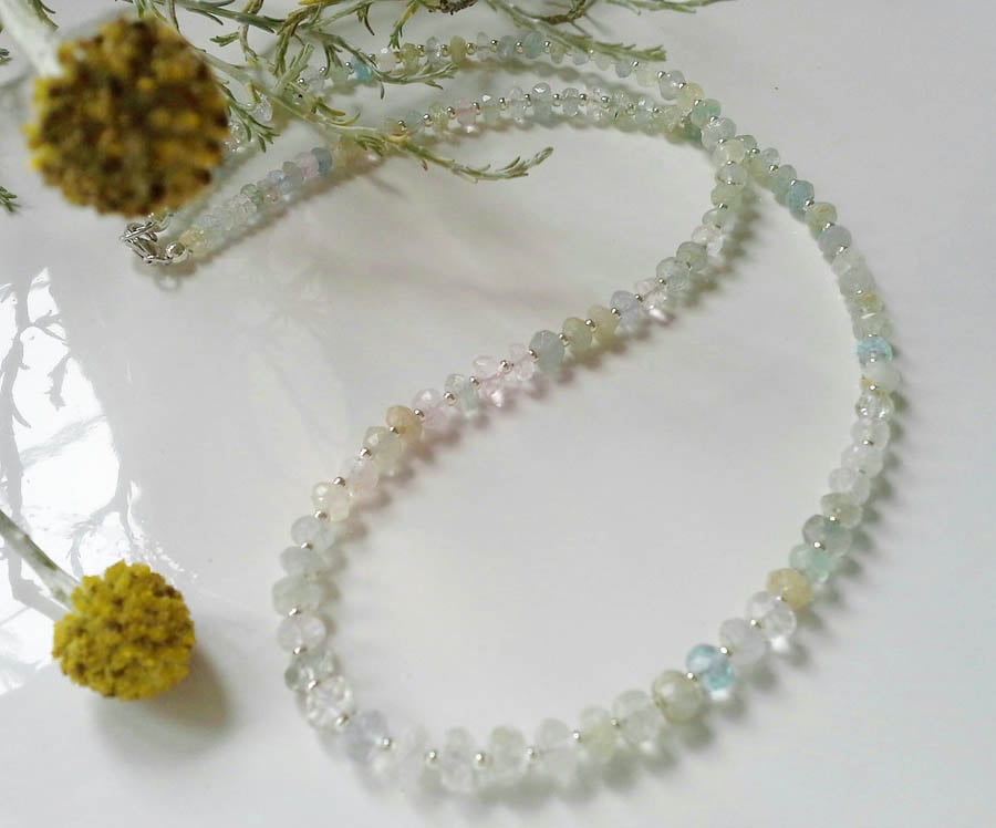 Beautiful Faceted Morganite, Aquamarine & Beryle Necklace Sterling Silver