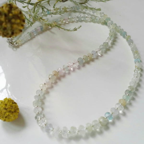 Beautiful Faceted Morganite, Aquamarine & Beryle Necklace Sterling Silver