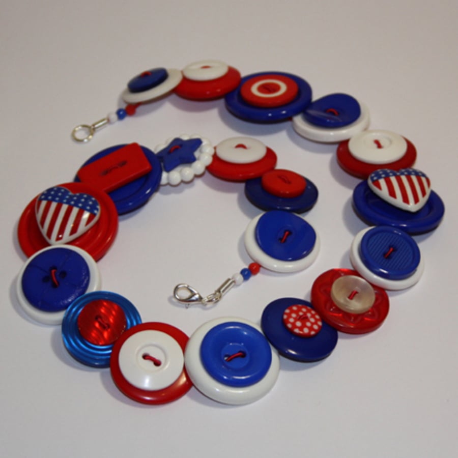 Red, white and blue button necklace