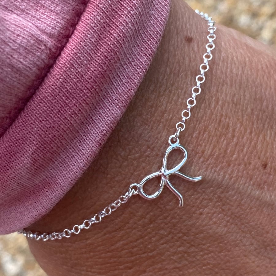 Sterling Silver Tied Ribbon Hand Charm Bracelet. Made to Order. 