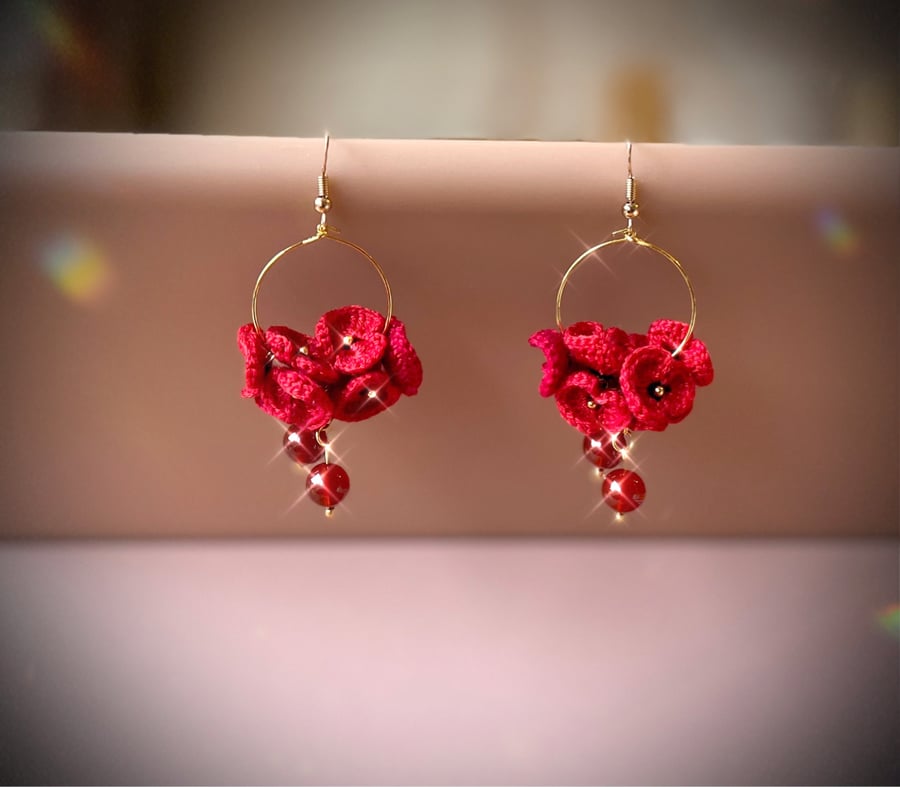 Microcrochet Poppy flowers Red Carnelian Earrings 