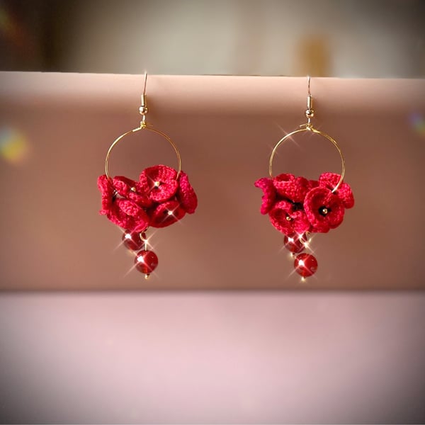 Microcrochet Poppy flowers Red Carnelian Earrings 