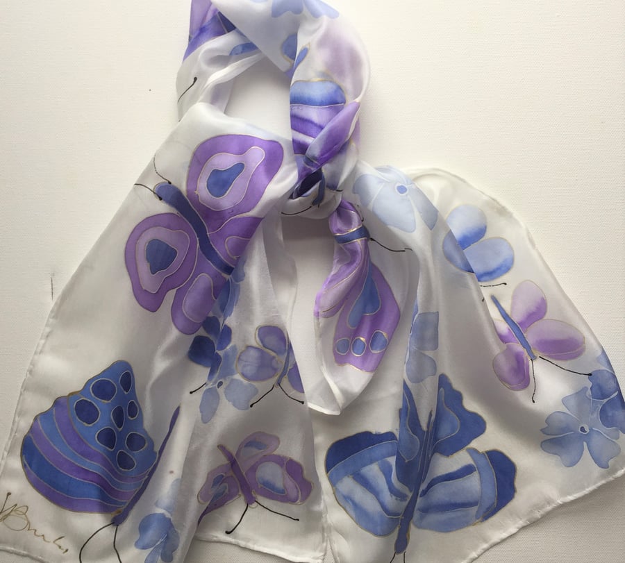 Blue Butterflies  hand painted silk scarf