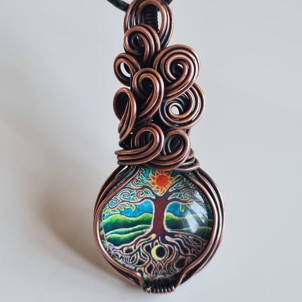 Wire Wrapped Tree Of Life Glass & Copper Pendant Necklace Gift Boxed Jewellery