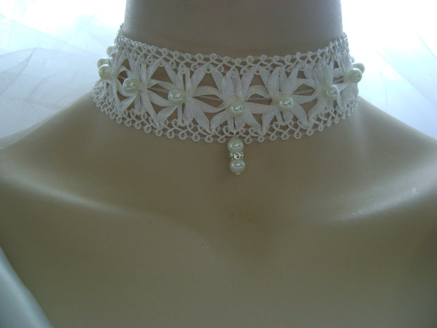 Lace Pearl & Rhinestone Bridal Choker Necklace with Backdrop