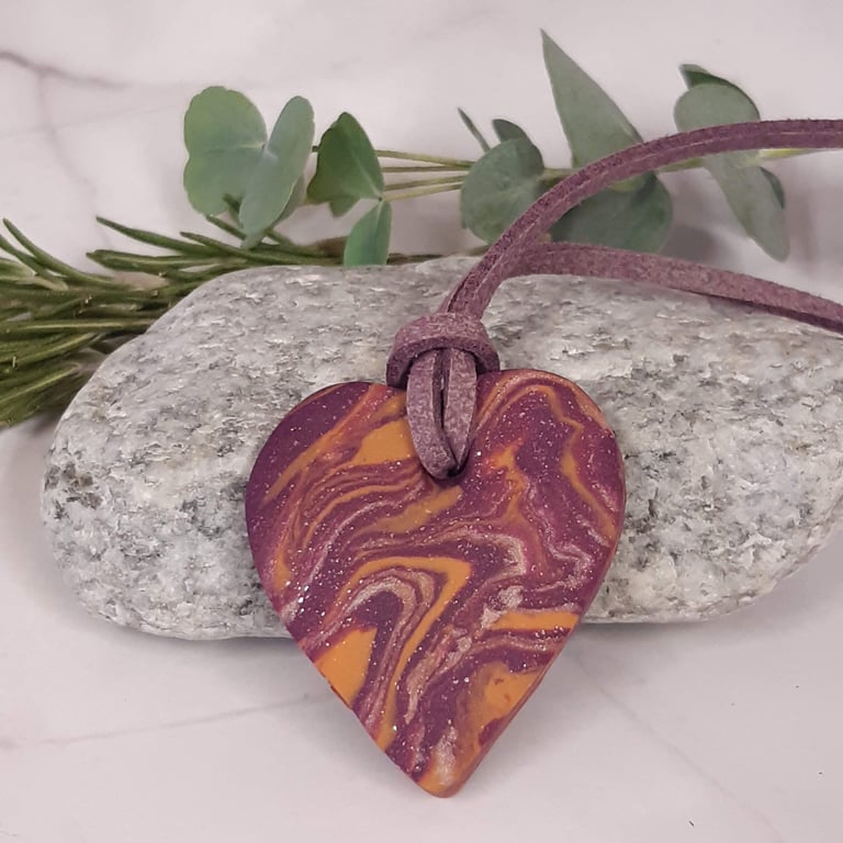Purple, orange and gold heart shaped pendant