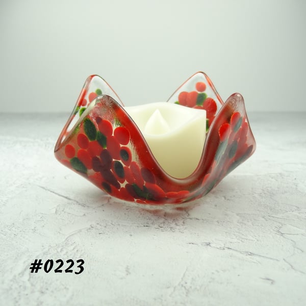Red and green fused glass tealight holder LED flickering flame candle (223)