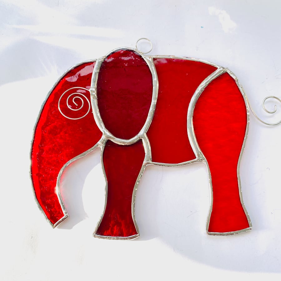 Stained Glass Large Elephant Suncatcher - Handmade Hanging Decoration - Red