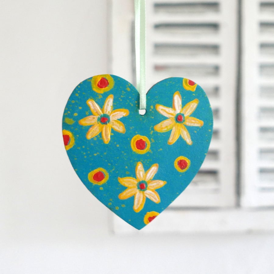 Turquoise Hanging Heart with Yellow Flowers for Valentine, Easter, Mother's Day