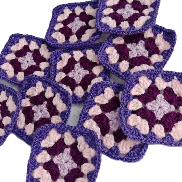 Amethyst Dream Crochet Granny Squares Set - Handmade 3" Purple & Blush Pink