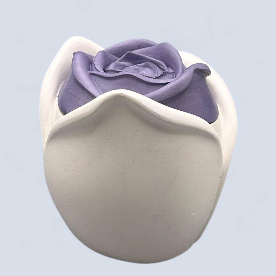 White trinket pot with blackcurrant rose lid - handmade jewellery box