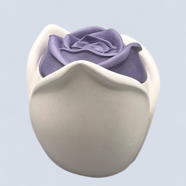 White trinket pot with blackcurrant rose lid - handmade jewellery box