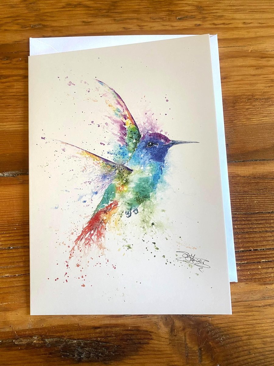 Sapphire Hummingbird Greetings Card, Wildlife Art Cards with Watercolours by Art