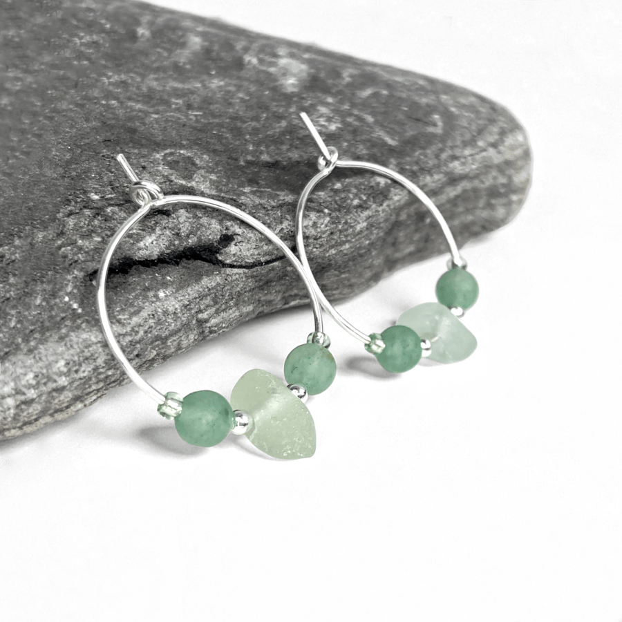 Sea Glass Hoop Earrings. Small Green Sterling Silver Aventurine Beaded Hoops