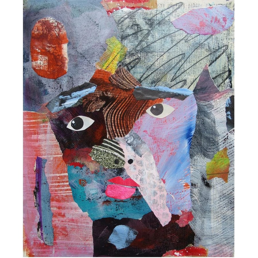 Outsider Art Portrait Print Expressive Pink Grey Abstract Face Eyes Artwork