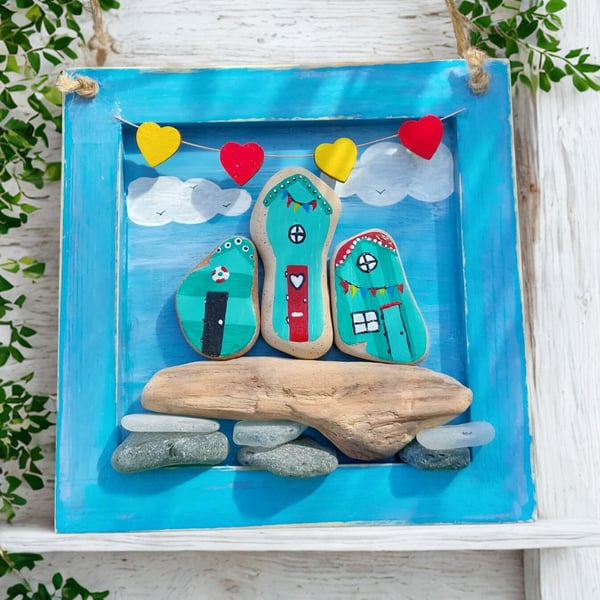 Reclaimed Pottery Beach Huts Wall Art - Sustainable Art from Beachcombed Pottery