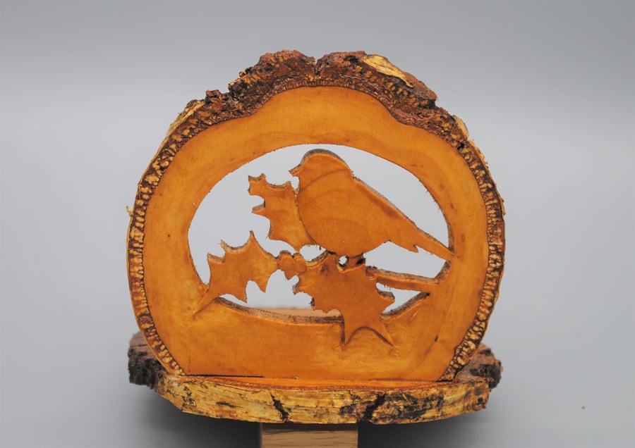 Christmas Decoration - Wood Slice Tea Light Stand 'Christmas Robin'