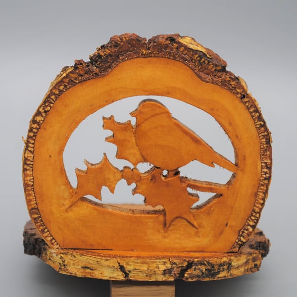 Christmas Decoration - Wood Slice Tea Light Stand 'Christmas Robin'