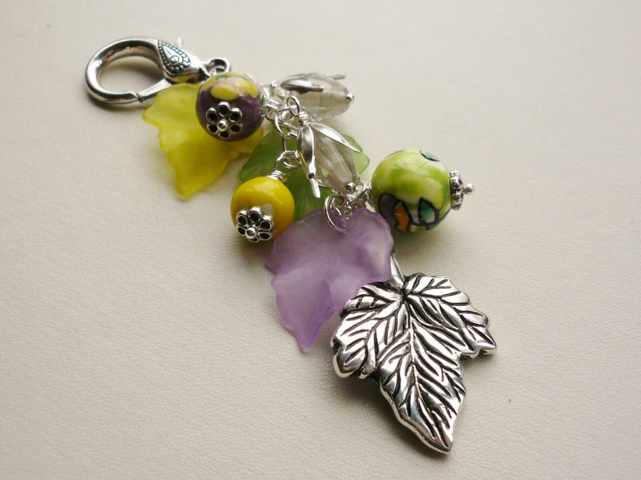 Handbag Charm Green, Purple and Yellow Silver Leaf and Flower Themed  KCJ1666