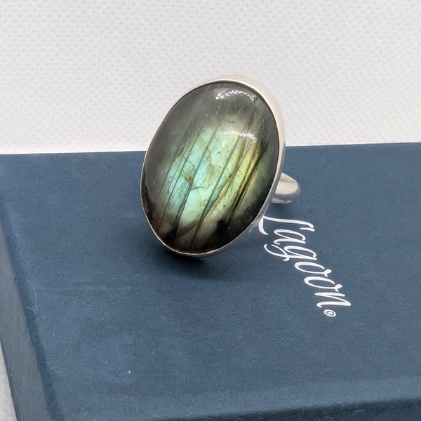 Recycled Sterling silver ring with large oval labrodite gemstone.