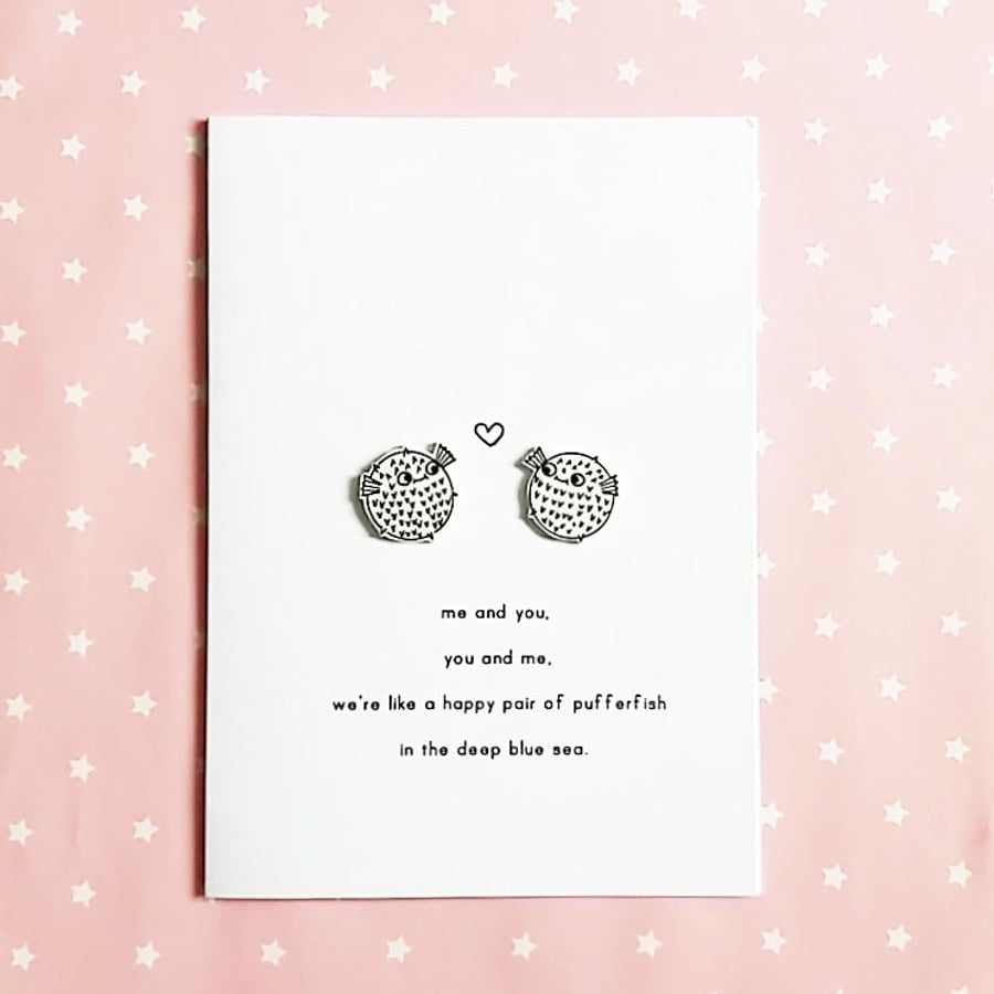 valentine's day card  - pufferfish pair - handmade card