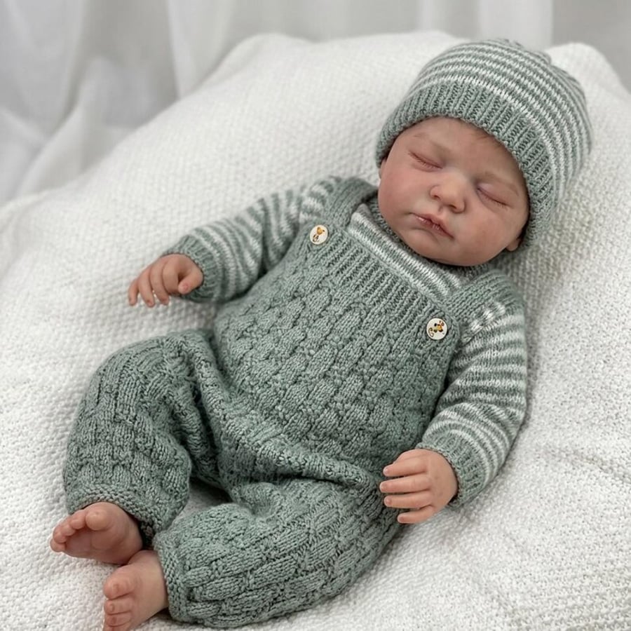 Hand knitted baby jumper dungarees and hat set grey and white  
