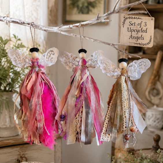 Upcycled Friendship Scrap Angel Ornament Set of Three Cottagecore Gift