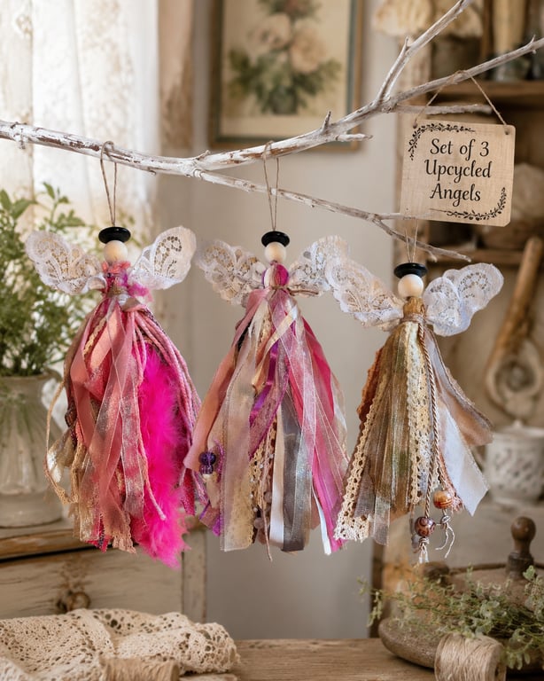 Upcycled Friendship Scrap Angel Ornament Set of Three Cottagecore Gift