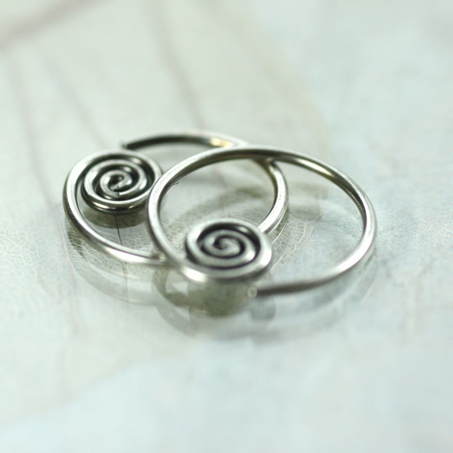 Silver Sleeper Hoops with Celtic Spiral Sideways 