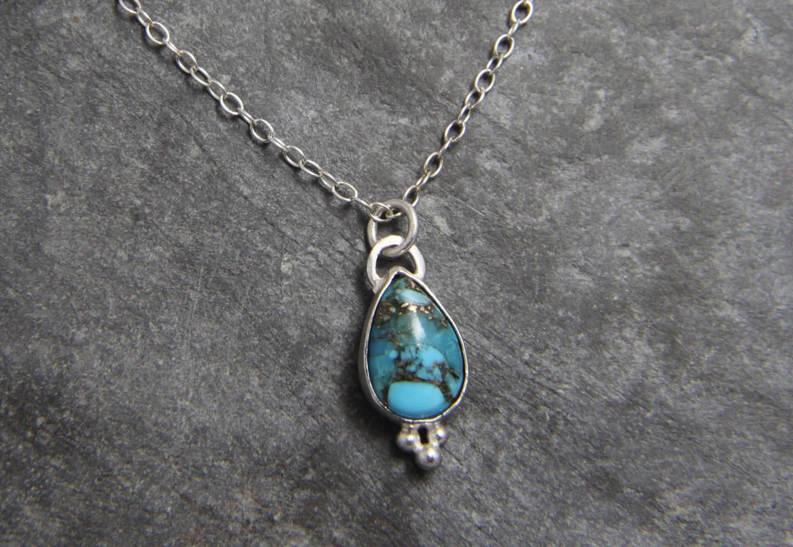Turquoise Copper Veined Teardrop Pear Shaped Sterling Silver Pendant Necklace