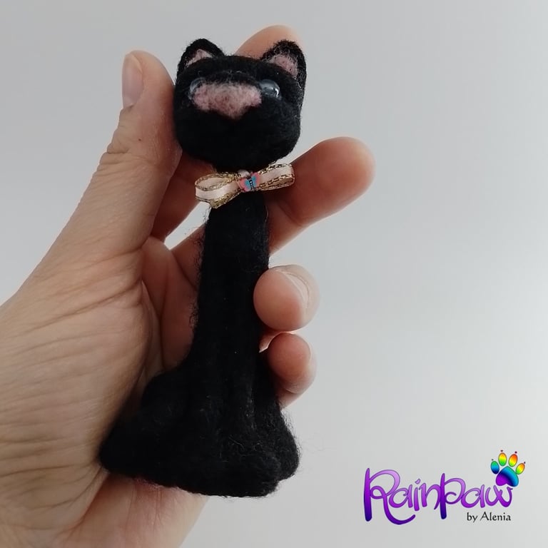 Needle Felted Black Cat, Gift For Cat Lover, Black Panther, RainPaw Friends