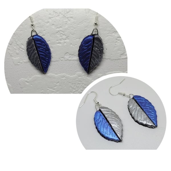 Blue and silver polymer clay leaf earrings two tone design handmade jewellery wi