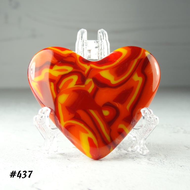 Orange yellow handcrafted fused glass heart, with stand 5x4.5cm (437)