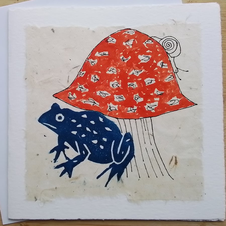 Frog & Fly Agaric - hand-printed linocut card