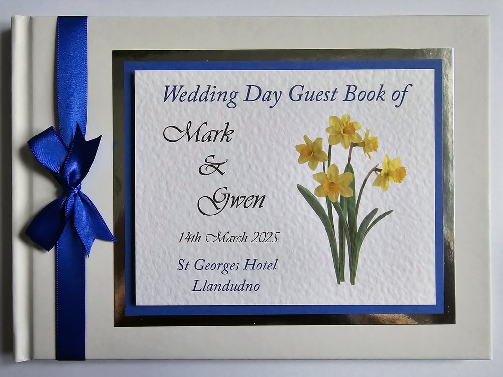 Wedding guest book with daffodils, royal blue wedding book, wedding gift