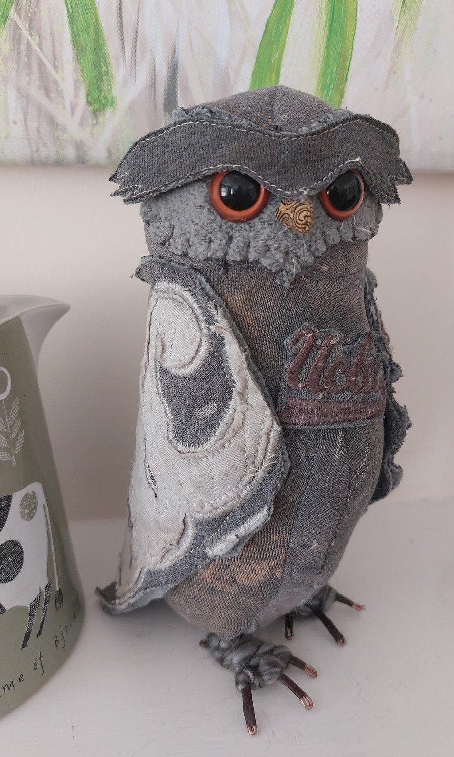 Quirky owl soft sculpture created from garments supplied by you!
