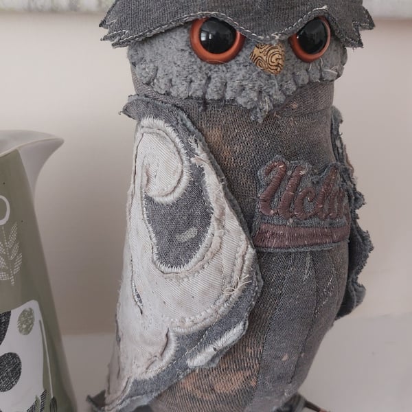 Quirky owl soft sculpture created from garments supplied by you!