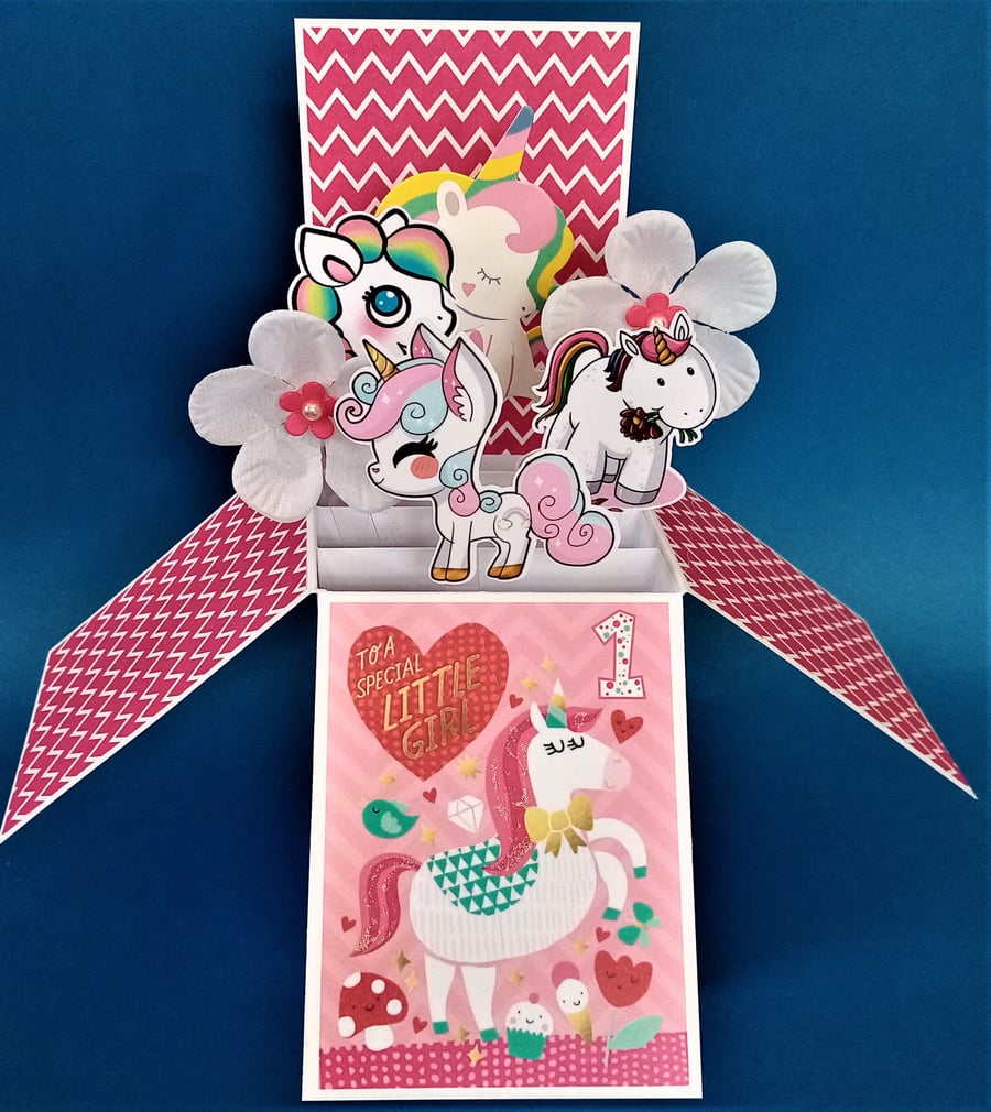 Girls 1st Birthday Card with Unicorns