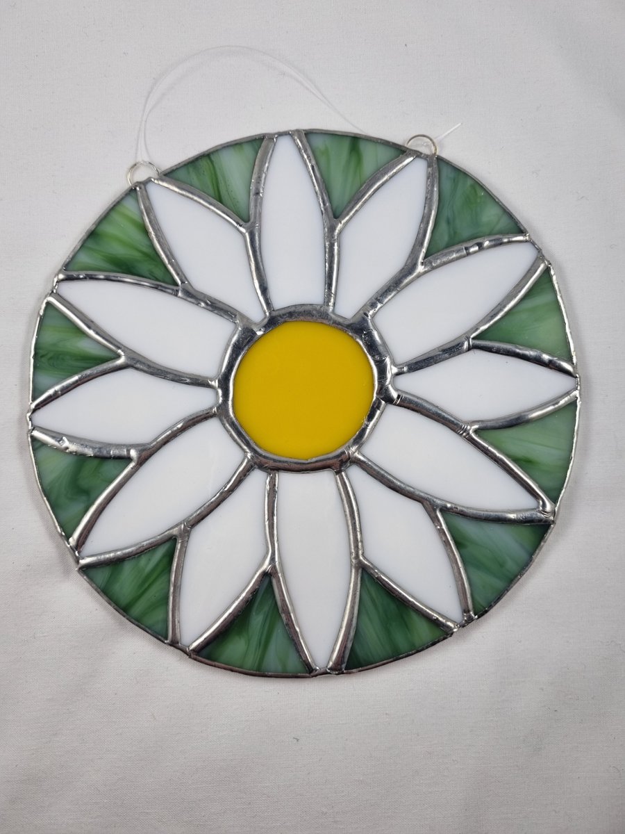 532 Stained Glass white Flower Circle - handmade hanging decoration.