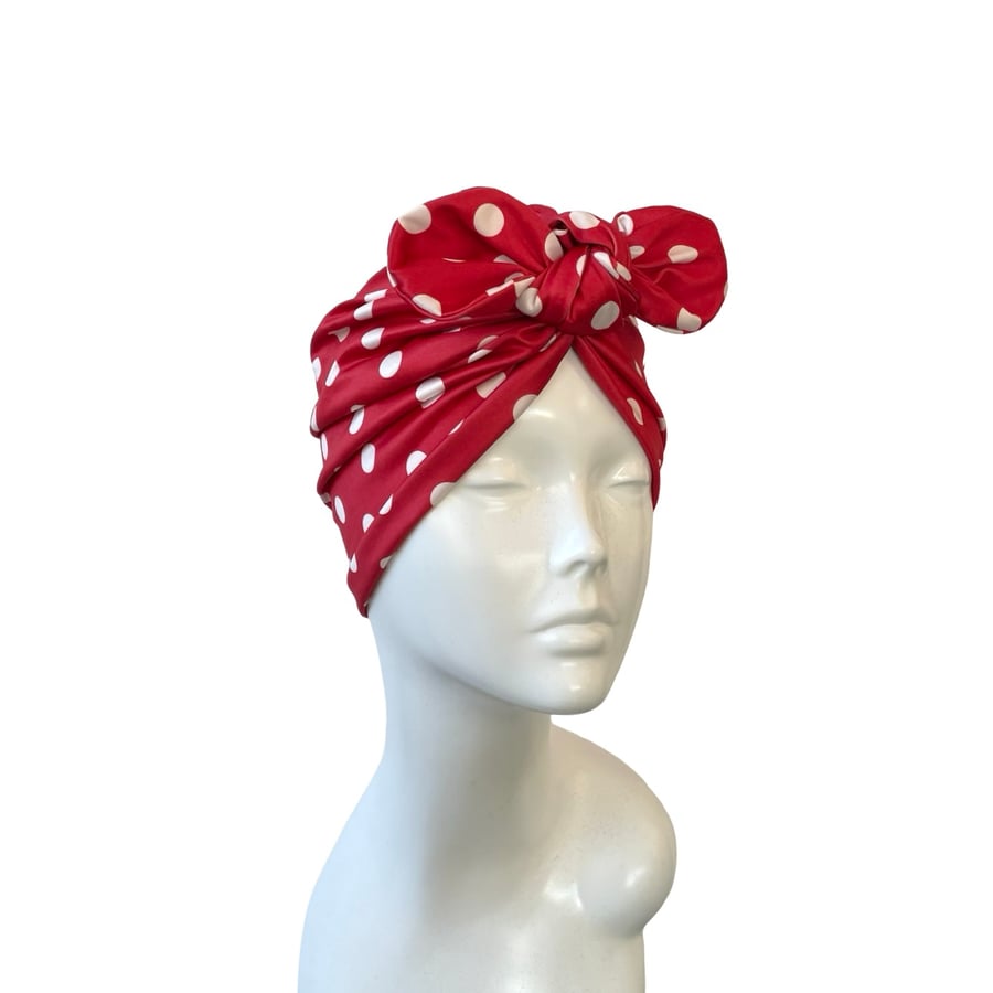 Vintage style 1940s 1950s style red polka dot spot stretch jersey turban hat 