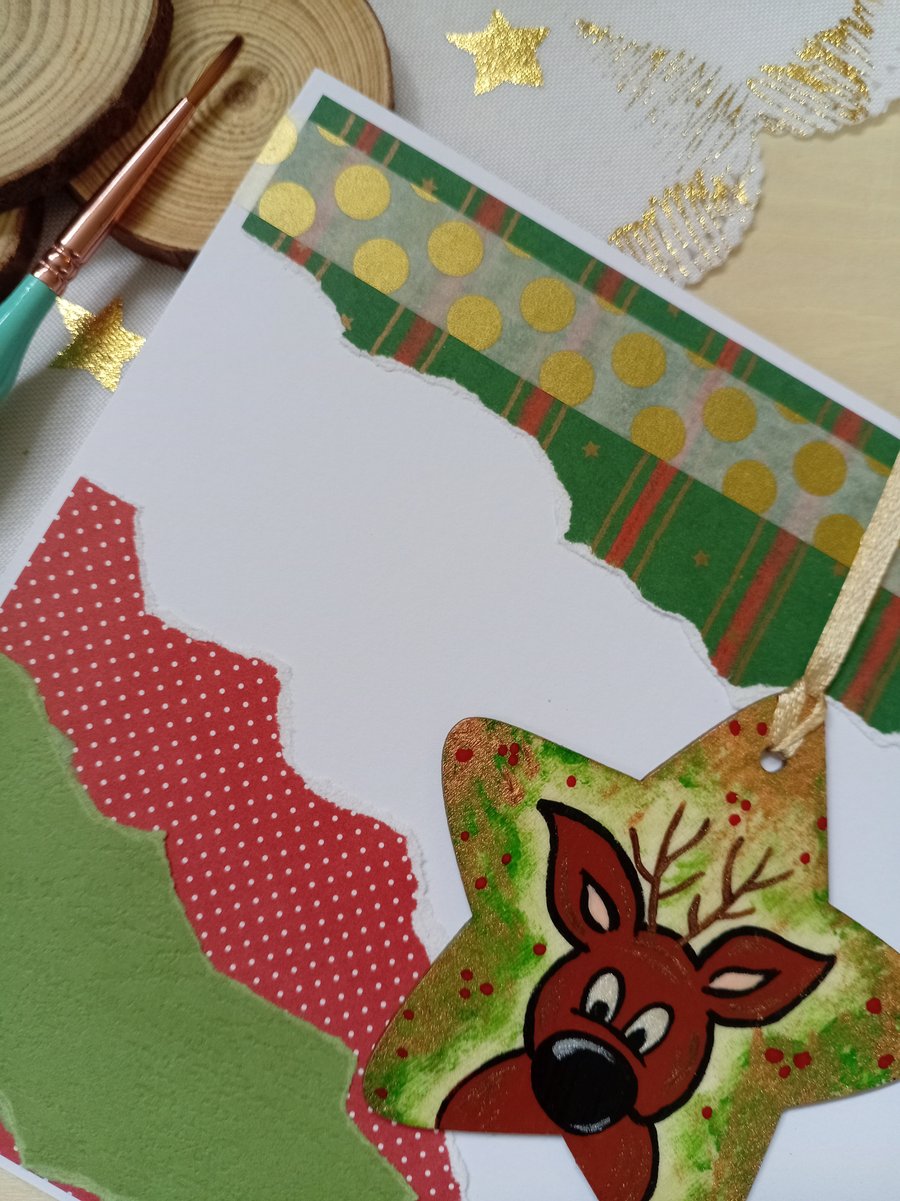 Christmas card with a wooden reindeer decoration